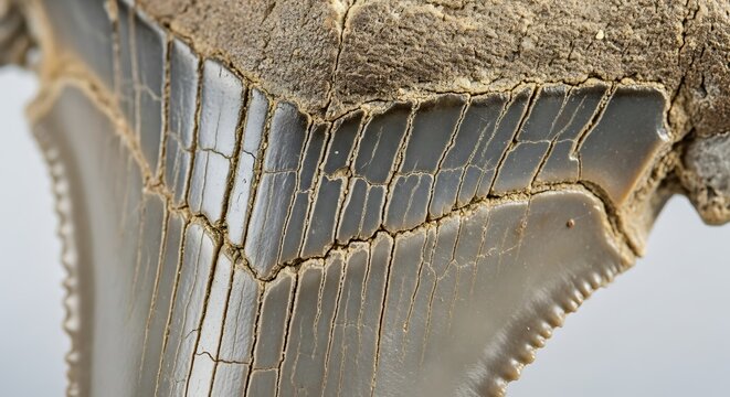 a close up view reveals the intricate details of a fossilized megalodon tooth displaying its serrated edges and aged texture high quality professional