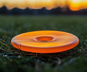 Orange disc sits on grass; warm sunset glow blurred in background