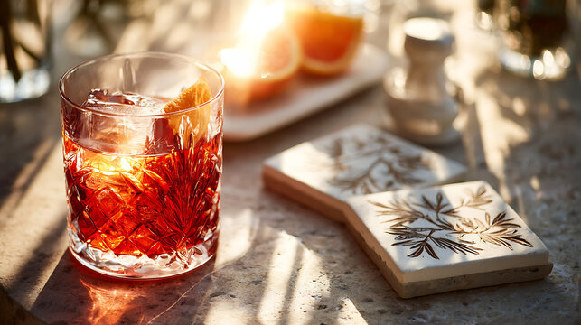 retro cocktail in a cut glass tumbler with bold lighting and an antique coaster, ideal for vintage drink styling.