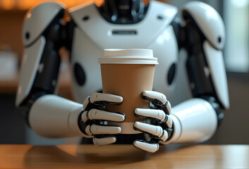 Closeup of robot's hand holding disposable coffee cup, AI tech concept