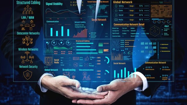 Data center monitoring dashboard visualize network performance, connection status, usage rate, and telecommunication insight. Data center monitoring efficiency improvement network transparency. Thunk