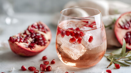 Rosé spritzer with ice cubes and pomegranate seeds, surrounded by soft bokeh and clear copy space for menu visuals.