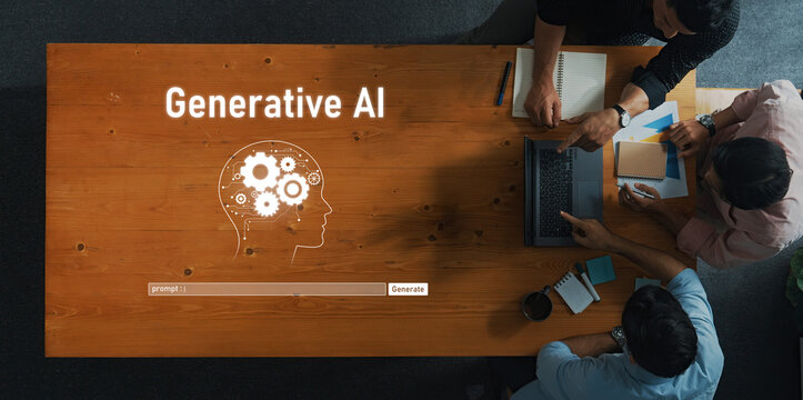 A dynamic collaborative workspace captures diverse individuals engaging in brainstorming sessions about Generative AI on a wooden table setting. Trope - Powered by Adobe