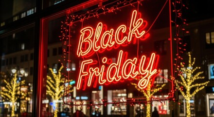 Vibrant neon Black Friday sign illuminates evening shopping street