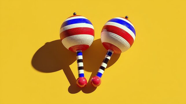 Close up of two festive maracas decorated with red white and blue stripes and contrasting black and white striped handles casting shadows on a vibrant yellow surface.