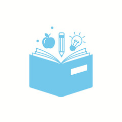 Open book with education symbols like apple, pencil, and lightbulb, symbolizing knowledge and learning