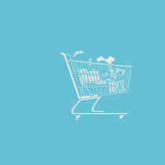 Minimalist illustration of a white shopping cart overflowing with various retail products, set against a vibrant blue background, representing modern consumer culture and e-commerce concepts
