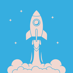 Vibrant vector illustration of a rocket taking off into a starry blue sky, representing innovation, startup growth, business success, and the exciting journey of new technological advancement