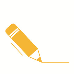 Simple graphic icon featuring a vibrant orange pencil actively drawing a crisp, continuous line, representing the fundamental concepts of creativity, education, writing, and design