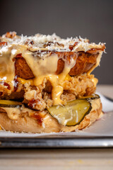 Cheesy crispy burger closeup