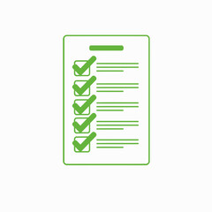 A simple green icon of a completed checklist on a clipboard. Vector graphic representing finished tasks, successful planning, and organization
