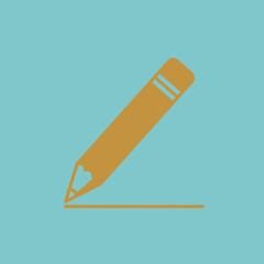 Illustration of a simple orange pencil with a line on a light blue background, representing writing
