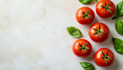 Fresh red tomatoes and green basil leaves arranged on a textured white surface.