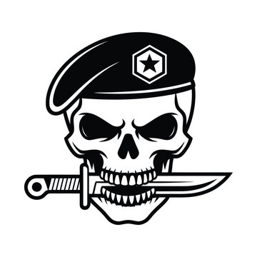 A bold black and white illustration of a skull wearing a military beret adorned with a star emblem, firmly clenching a combat knife in its teeth