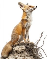Naklejka premium Red fox sits alert on a mound, facing upwards with ears perked