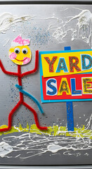 Handmade pipe cleaner character with 'Yard Sale' sign. Creative craft art featuring glitter and glue textures on a metallic background.