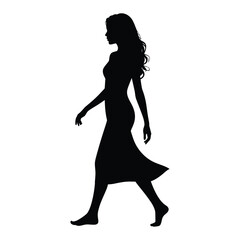 Silhouette of a graceful woman with long hair walking barefoot in a dress, captured in profile against a clean