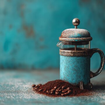 A detailed close up of a vintage French press coffee maker with ground coffee and whole beans scattered around it against a rustic teal background.