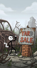 Angry stick figure holds broken bottle at a post-apocalyptic yard sale in a desolate, ruined landscape, cartoon illustration.
