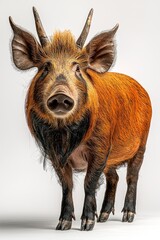 Fototapeta premium Red river hog standing. Intense gaze, brown fur, and light background
