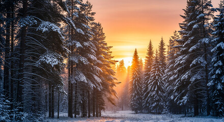 Magical winter wonderland with snow covered trees glowing in the warm light of sunrise, a serene and peaceful landscape perfect for holiday season