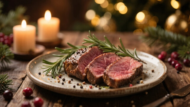 Slice steak served on the table with Christmas decorations