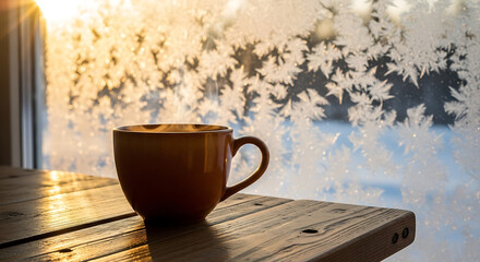 Obraz premium Steaming cup of coffee sits on wooden table with frozen window in background