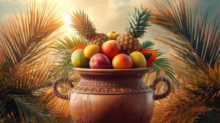 Abundant tropical fruit in ancient clay vase with palm fronds background