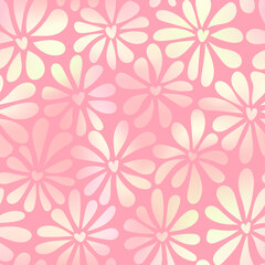Vector groovy style chamomile seamless pattern. Holographic pink gradient flowers with a heart shaped core on soft pastel background. Floral print for Valentines wallpaper, cover, fashion decor design