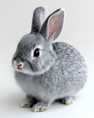 Obraz premium Small, gray bunny with large ears and big eyes sits on a plain background