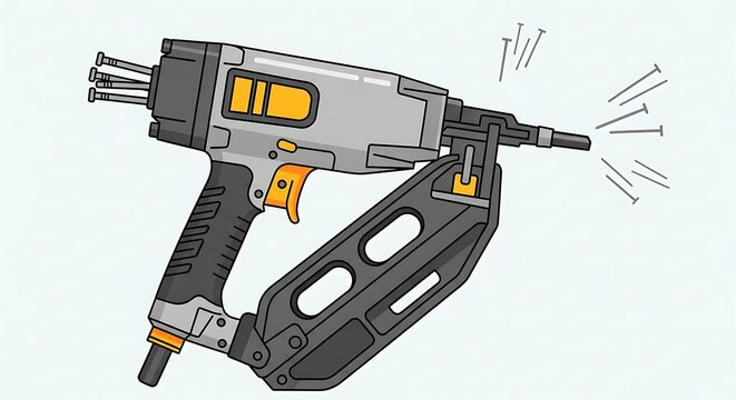 Illustration of a pneumatic nail gun tool with nails being fired.
