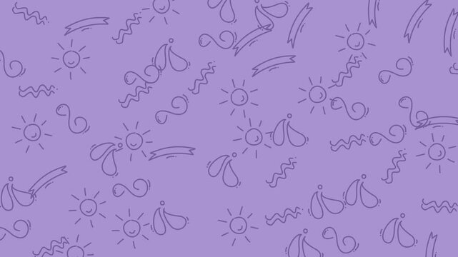 Repeating purple pattern of suns, banners, and abstract shapes suitable for backgrounds, wallpapers, fabric prints, and digital designs.