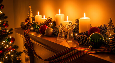 Warm holiday ambiance with glowing candles, shimmering ornaments, and charming angel figurines atop a wooden mantel adding festive cheer to your home