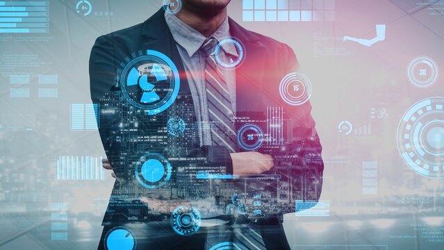 A professional businessman in a suit stands confidently, showcasing a blend of digital data visualization and urban environment, symbolizing innovation and modernity. Xenic