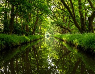 Obraz premium Lush, tree-lined waterway reflecting verdant foliage, dappled sunlight