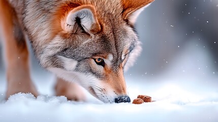 Obraz premium A focused wolf in a winter landscape, carefully examining food in the snow environment close
