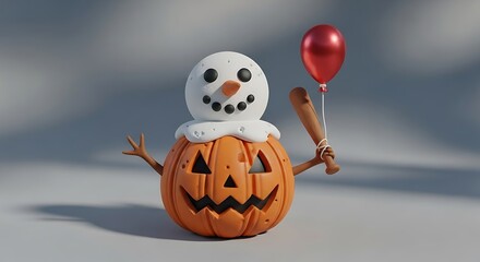 Halloween Snowman Pumpkin Character Holding Red Balloon and Baseball Bat.