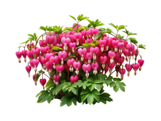 Stunning image of pink bleeding heart flowers with lush green foliage against white