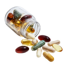 Bottle of vitamins and supplements spilling capsules onto surface