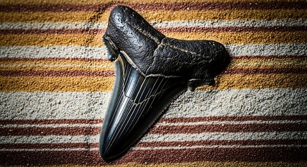 a strikingly detailed photograph showcases a fossilized dinosaur tooth resting on a vibrant multi colored striped rug illuminating ancient history high quality professional