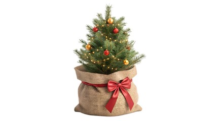charming small Christmas tree, potted in a rustic burlap sack tied with a festive red bow, standing isolated against a pure white background. The miniature evergreen tree is adorned with delicate stri
