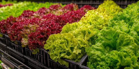 Colorful heads of lettuce are neatly arranged in black trays at a grocery store. Shoppers can choose from different types of crisp greens. The lighting is bright, highlighting the freshness.