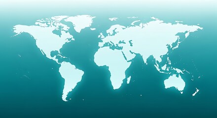 World map illustration displaying continents in light blue, set against a vibrant teal and aqua ocean background with a subtle gradient effect. global connection graphic design.