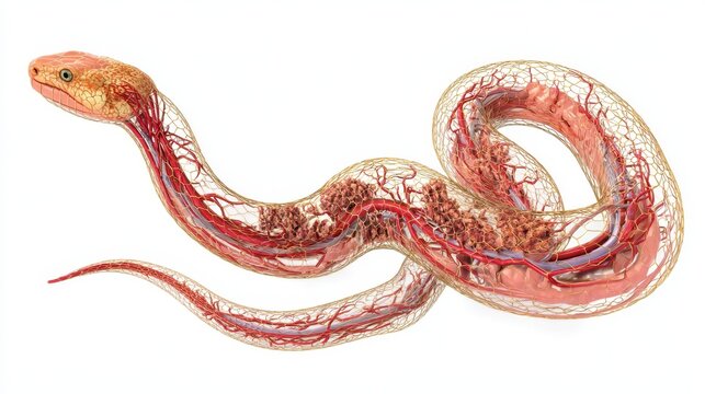Snake anatomy model showing elongated organ with digestive and vascular system in transparent body, detailed biological structure with red veins and internal organs visible