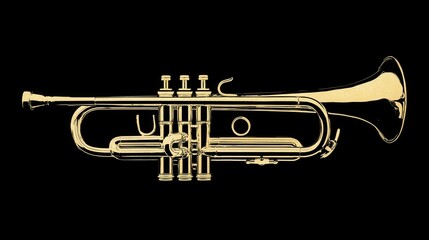 Obraz premium A golden trumpet with intricate details silhouetted against a plain black background, illuminated by studio lighting.