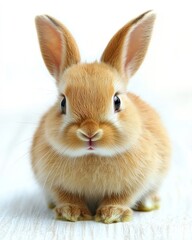 Fototapeta premium Tiny, fluffy, light brown bunny rabbit, face forward, sitting on white surface