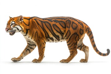 Obraz premium Tiger walks, profile. Orange and black stripes, tail behind, mouth slightly open