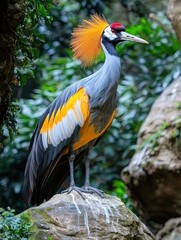 Obraz premium Tall crane stands on rock; striking red-gold crown, gray and yellow plumage