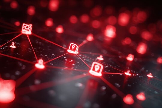 Glowing Red Network of Connected Icons, Abstract Digital Communication Concept.