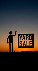 Fototapeta premium Sunset silhouette of stick figure waving by 'YARD SALE' sign, concept of second-hand market and community sales